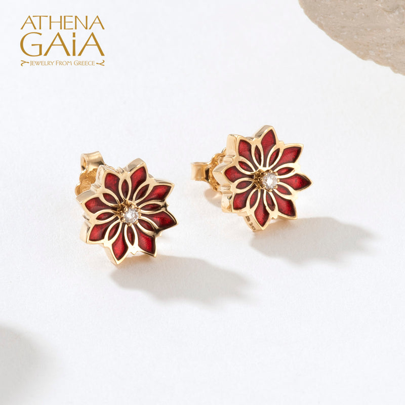 Stars Single Flower Enamel with Diamonds Post Earrings - 18k Gold Earrings
