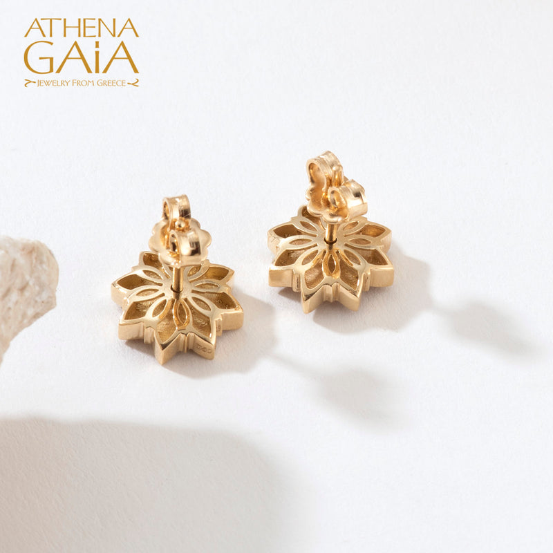 Stars Single Flower Enamel with Diamonds Post Earrings - 18k Gold Earrings