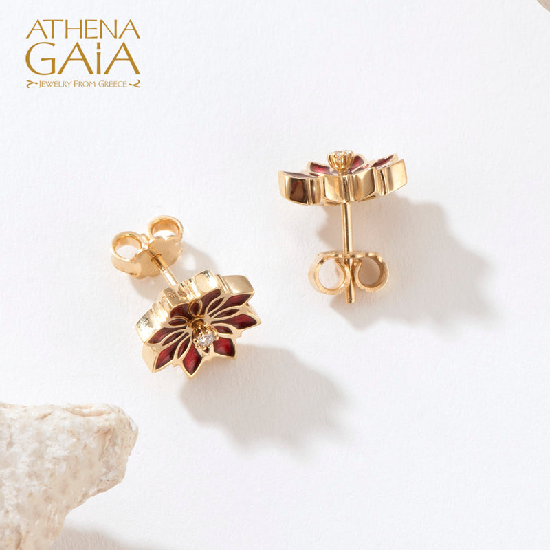 Stars Single Flower Enamel with Diamonds Post Earrings - 18k Gold Earrings