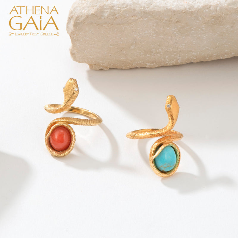 Mythology Snakes Stone and Diamond Ring - 18k Gold Ring - Cocktail Ring
