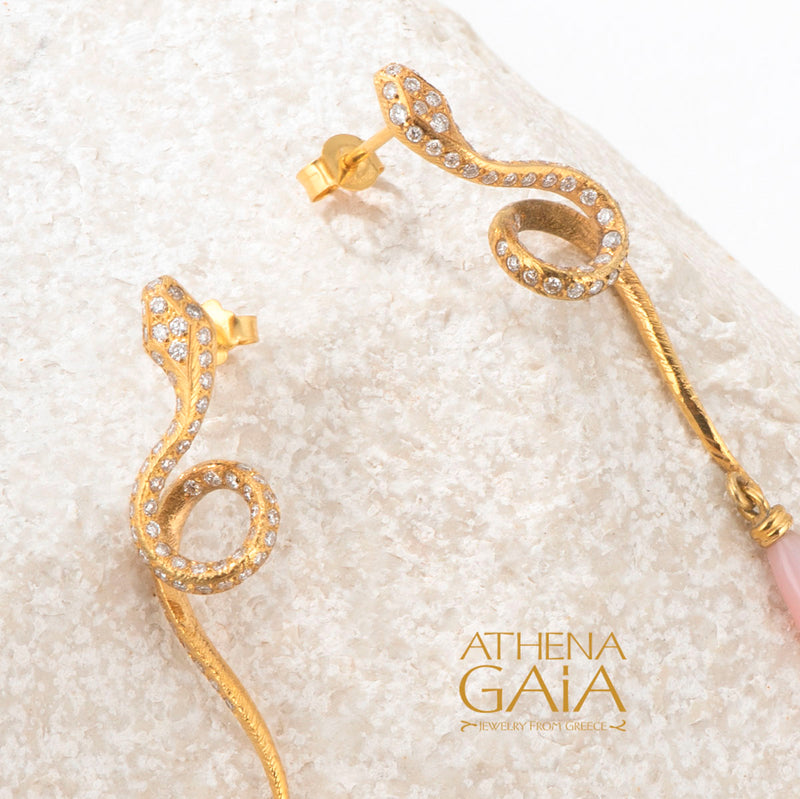 Mythology Snakes with Diamonds Earrings  - 18k Gold Earrings - Chandelier Earrings