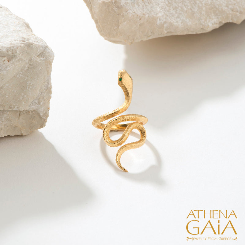 Mythology Snakes Stone Eyes Ring - 18k Gold Ring - Cocktail Ring