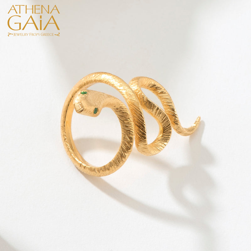 Mythology Snakes Stone Eyes Ring - 18k Gold Ring - Cocktail Ring