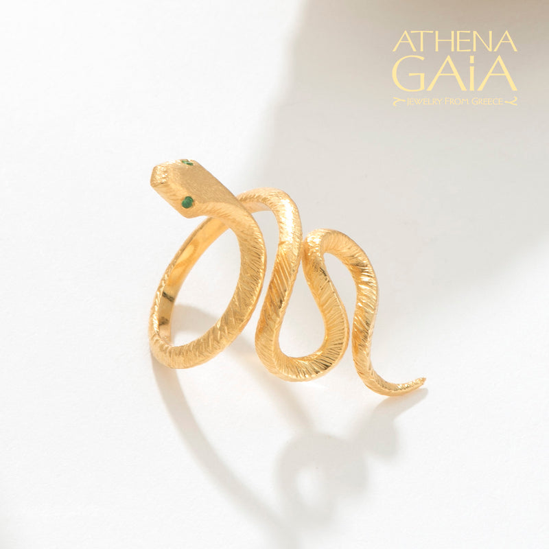 Mythology Snakes Stone Eyes Ring - 18k Gold Ring - Cocktail Ring