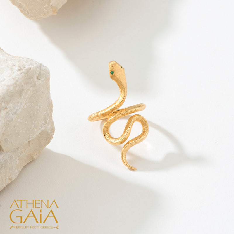 Mythology Snakes Stone Eyes Ring - 18k Gold Ring - Cocktail Ring