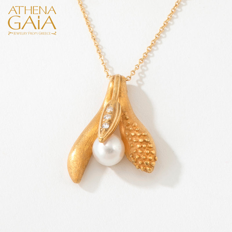 Golden Peonies Akoya Pearl Pendant Necklace - 18k Gold Necklace