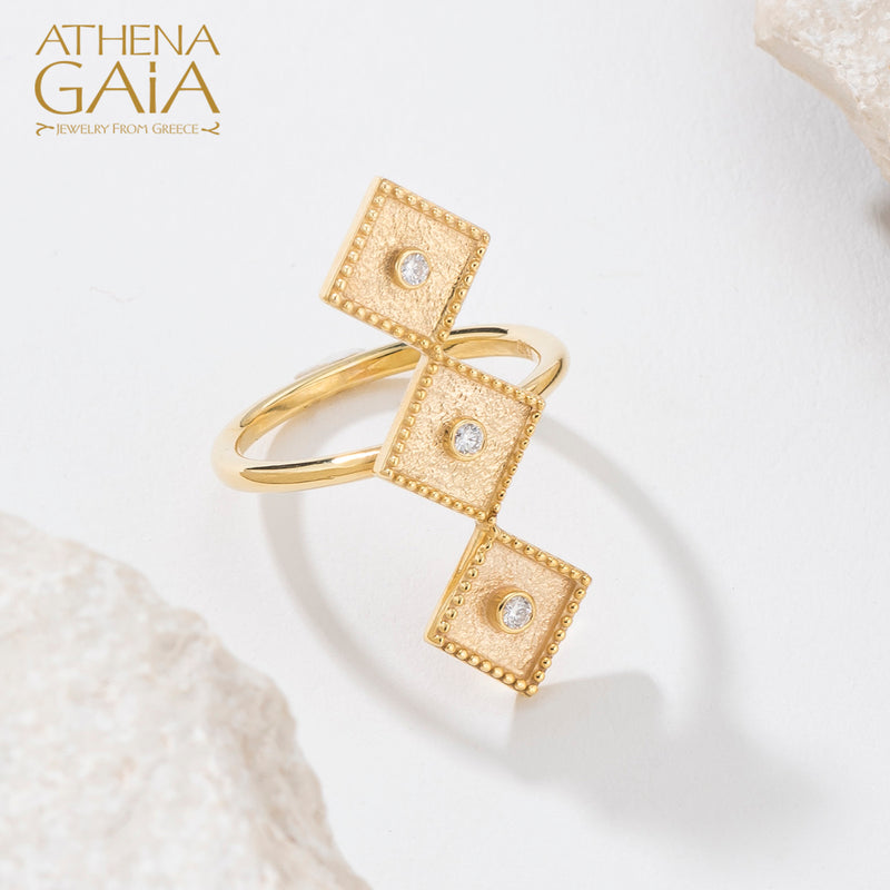 Geometric Triple Diamond Ring - 18k Gold Ring - Cocktail Ring