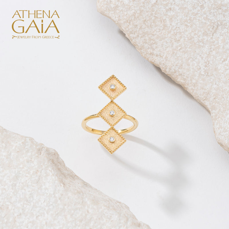 Geometric Triple Diamond Ring - 18k Gold Ring - Cocktail Ring