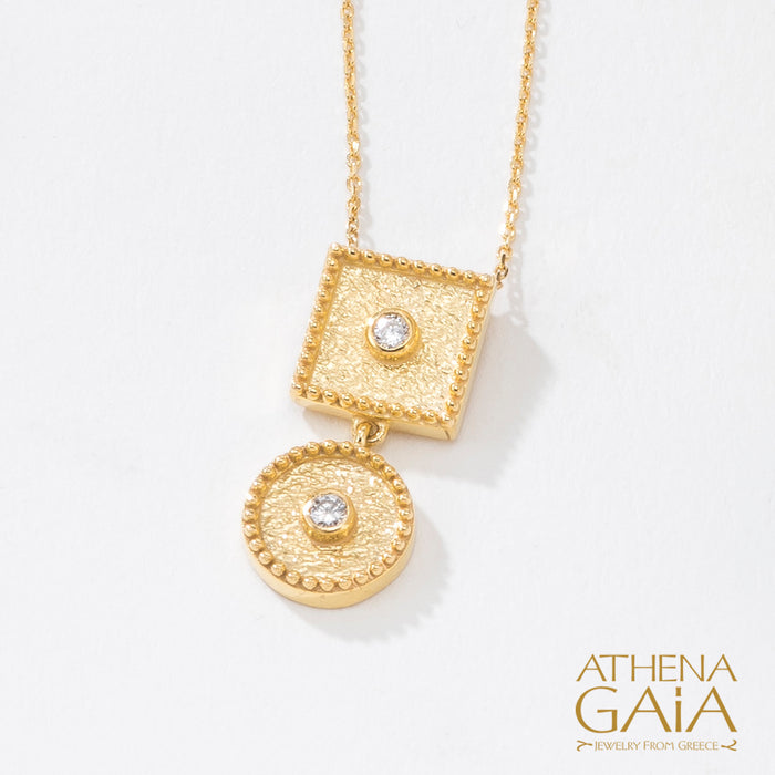 Geometric Square and Circle Necklace with Diamonds