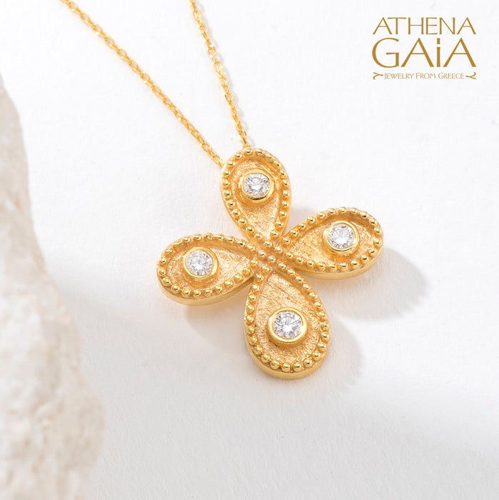 Geometric Greek Drop Cross Necklace with Diamonds