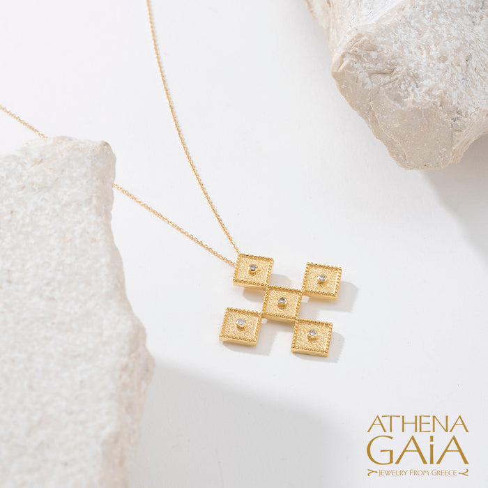 Geometric Greek Squares Cross Necklace with Diamonds