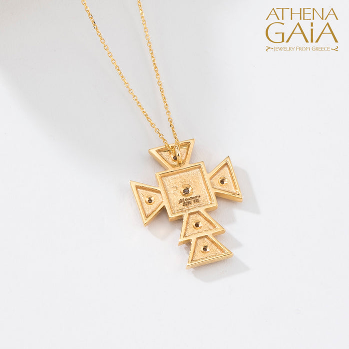 Geometric Western Square Center Triangle Burst Cross Necklace with Diamonds