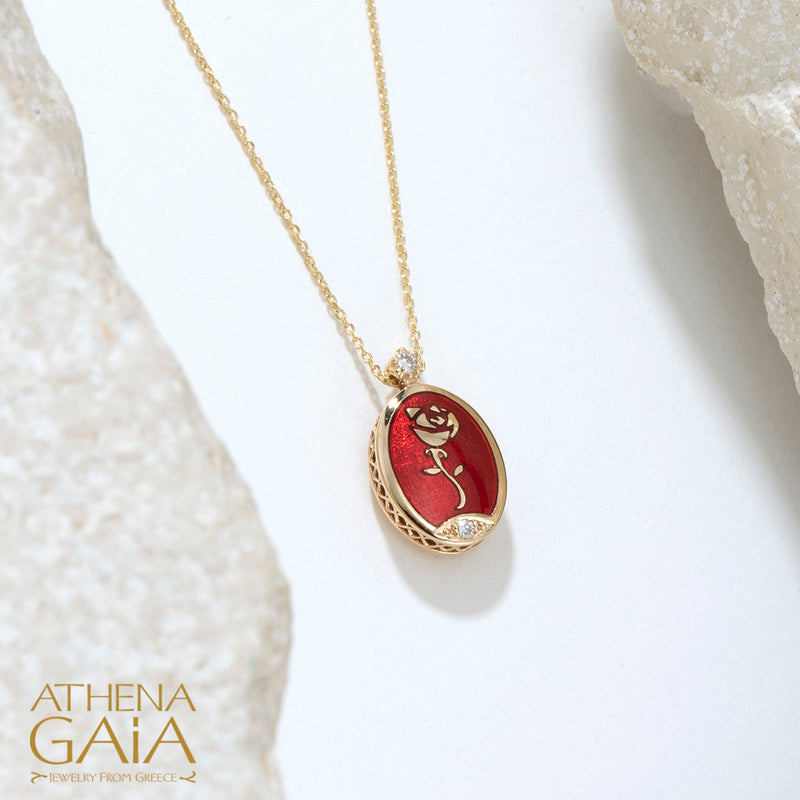 Elegant Reversible Rose Enamel Pendant Necklace - 18k Gold Necklace