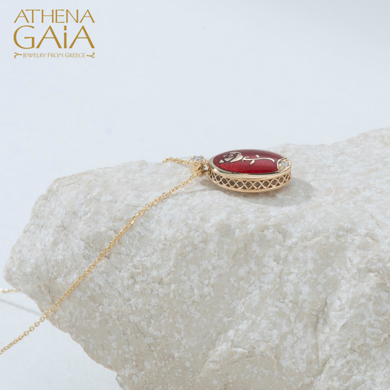 Elegant Reversible Rose Enamel Pendant Necklace - 18k Gold Necklace