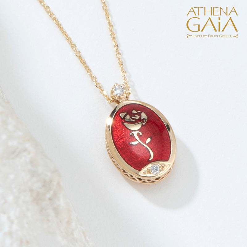Elegant Reversible Rose Enamel Pendant Necklace - 18k Gold Necklace