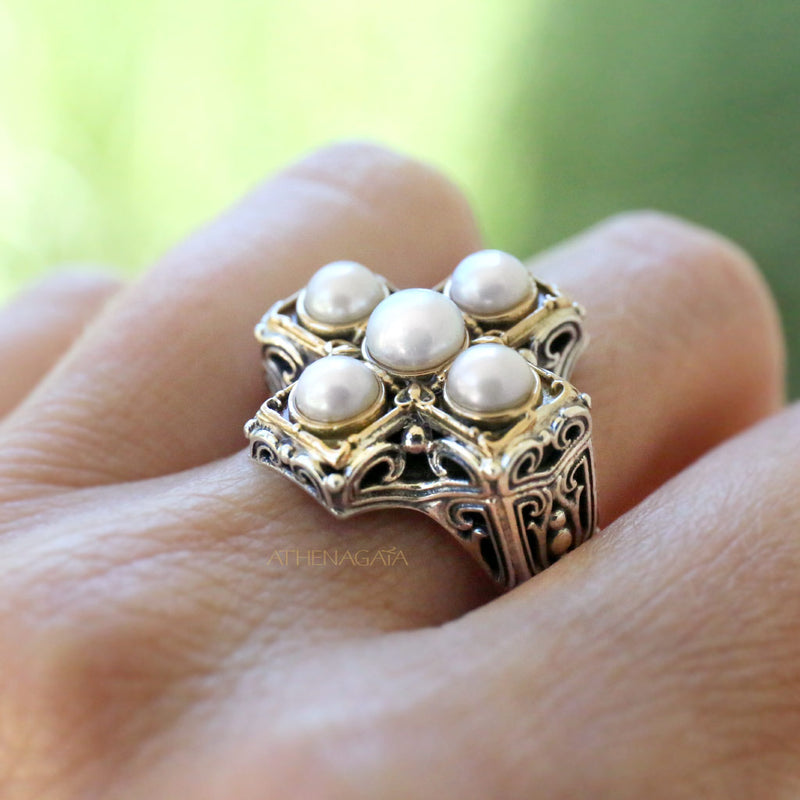 Pearl Eastern Cross Ring - 18 Gold & Sterling Silver Ring - Cocktail Ring