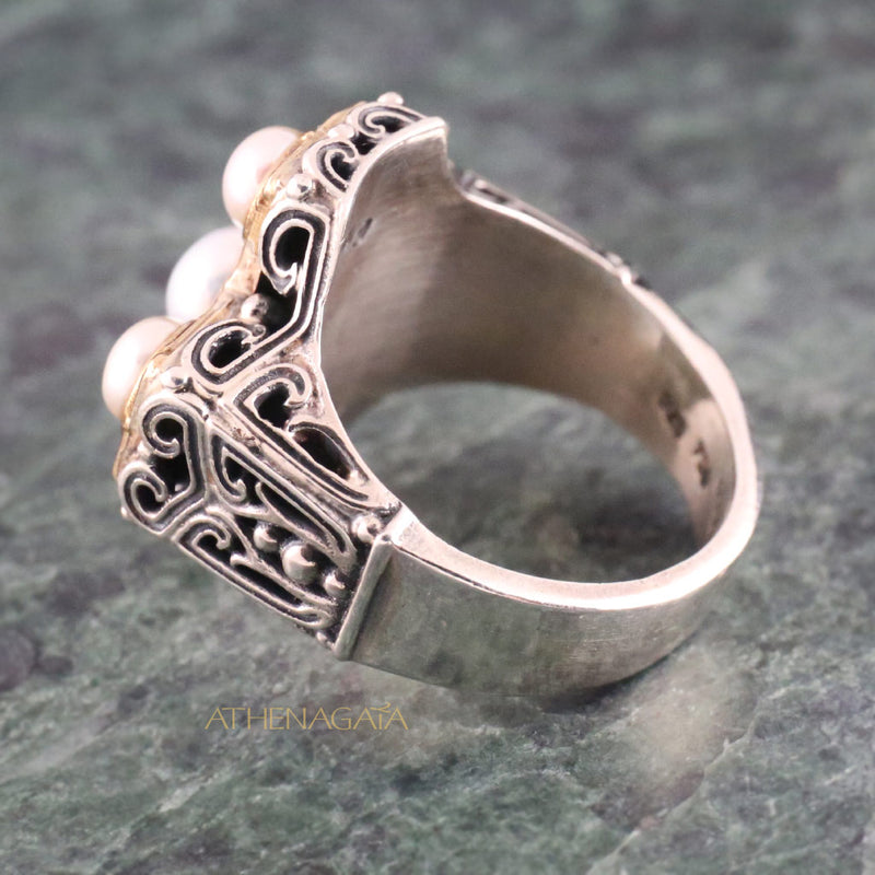 Pearl Eastern Cross Ring - 18 Gold & Sterling Silver Ring - Cocktail Ring