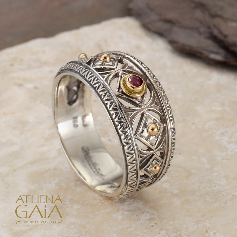 Post Roman Ruby Ring - 18k Gold & Sterling Silver Ring - Cigar Band Ring