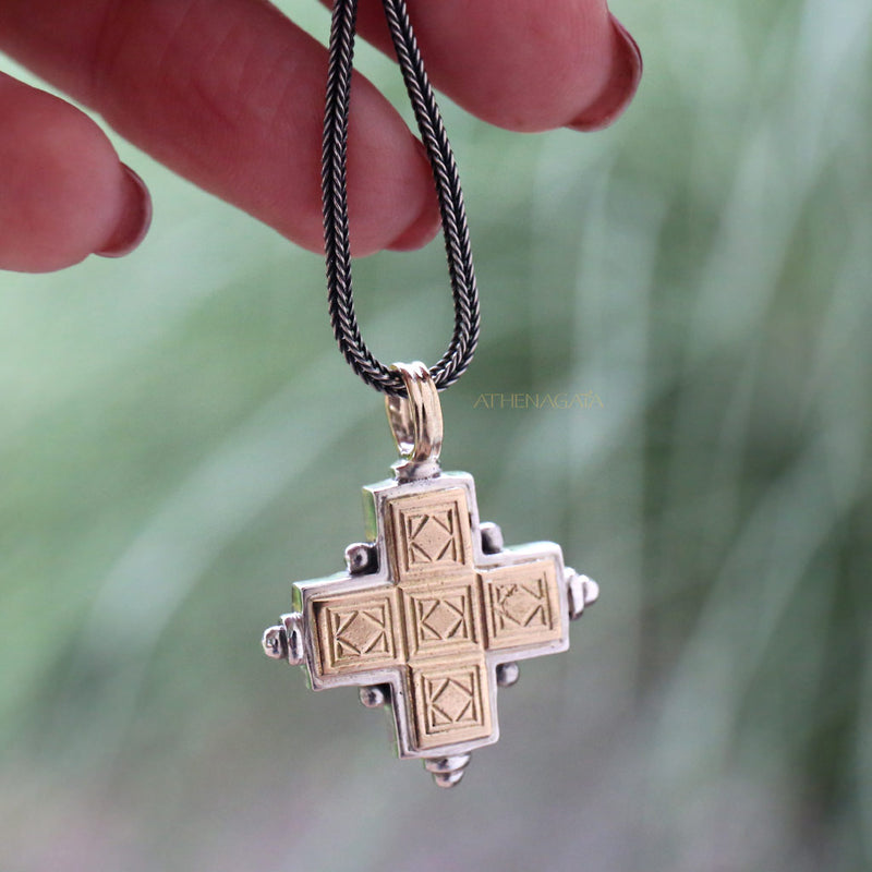 Rustic Cross (Large) - 18k Gold & Sterling Silver - Greek Cross Necklace