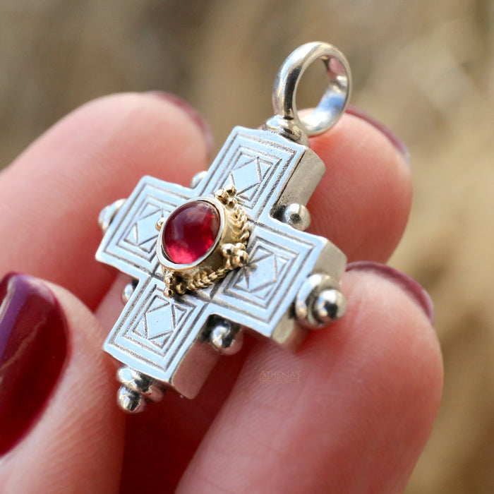 Rustic Silver Greek Cross with Stone