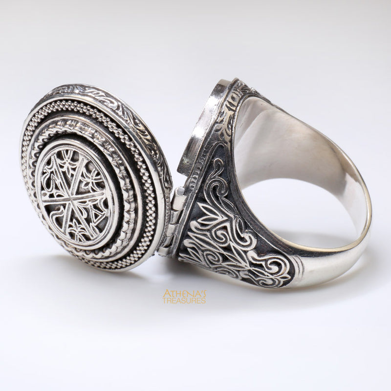 Chi Rho Crosier Oval Locket Ring - Sterling Silver Ring - Cocktail Ring