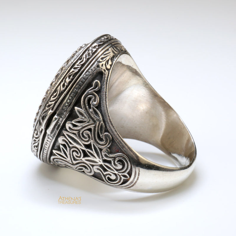 Chi Rho Crosier Oval Locket Ring - Sterling Silver Ring - Cocktail Ring