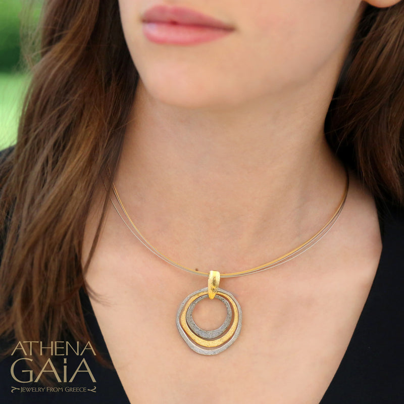 Triple Loop Pendant Necklace - Gold Plated Sterling Silver Necklace