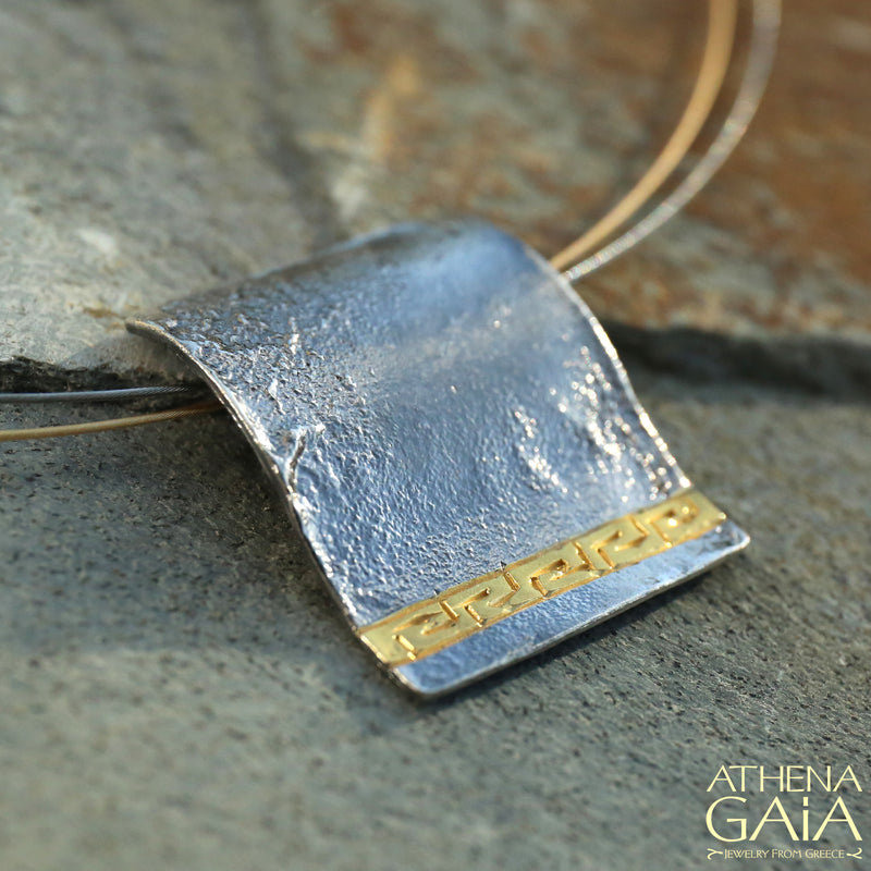 Greek Key Meander Pendant Necklace - Gold Plated Sterling Silver Necklace