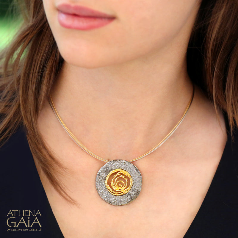 Sun Blast Spiral Pendant Necklace - Gold Plated Sterling Silver Necklace