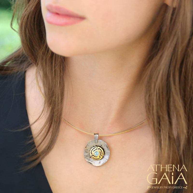 Greek Key Spiral Pendant Necklace - Gold Plated Sterling Silver Necklace