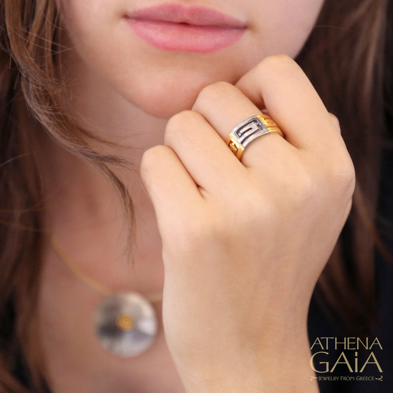 Stilvi Greek Key Bold Meandros Ring - Gold Plated Sterling Silver Ring - Cigar Band Ring