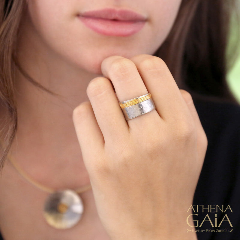 Thin Meandros Key Ring - Gold Plated Sterling Silver Ring - Cigar Band Ring