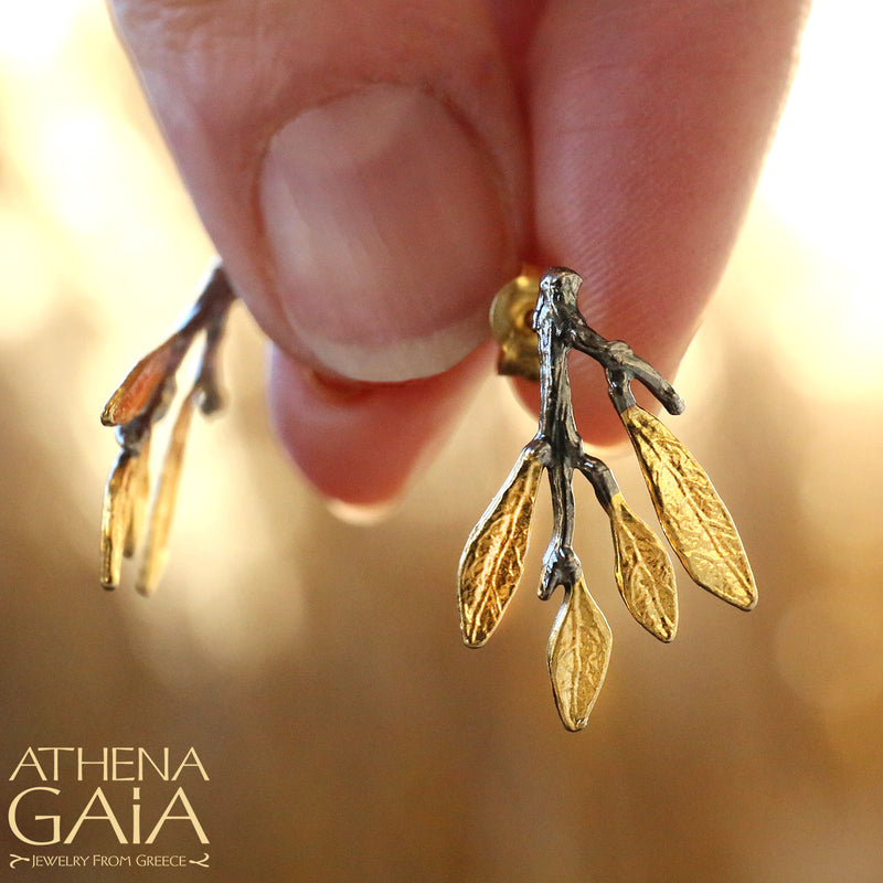 Olive Leaf Short Post Earrings - Gold Plating & Sterling Silver Earrings