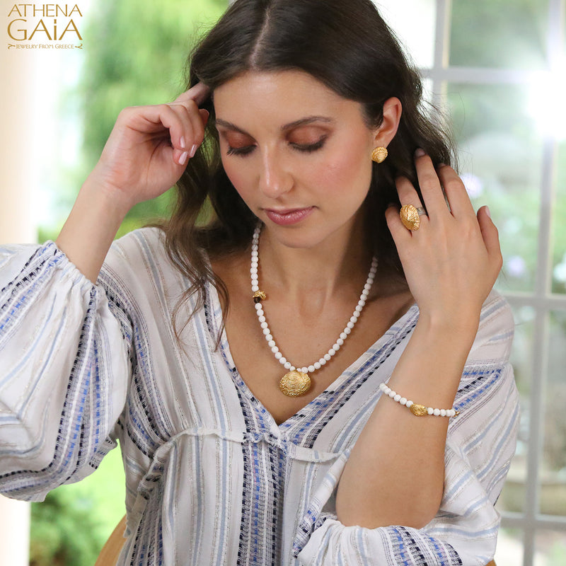 Clam Shell White Coral Bracelet - Gold Plated Sterling Silver Bracelet - Coral Beaded Bracelet