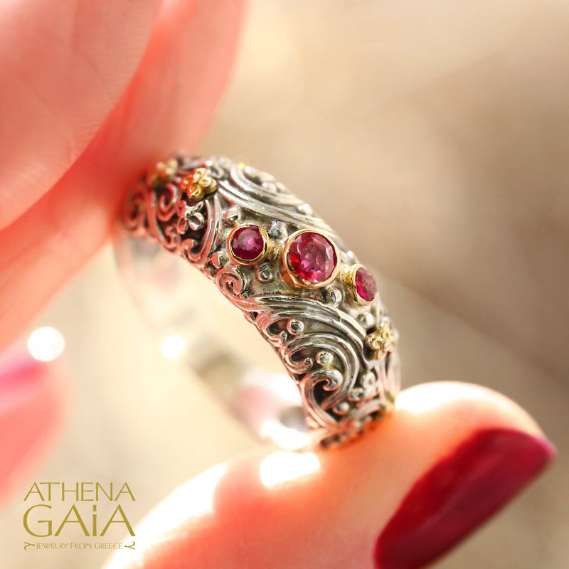 Meadow Breeze Stone Path Floral Band Ring - 18k Gold & Sterling Silver Ring - Stackable Ring