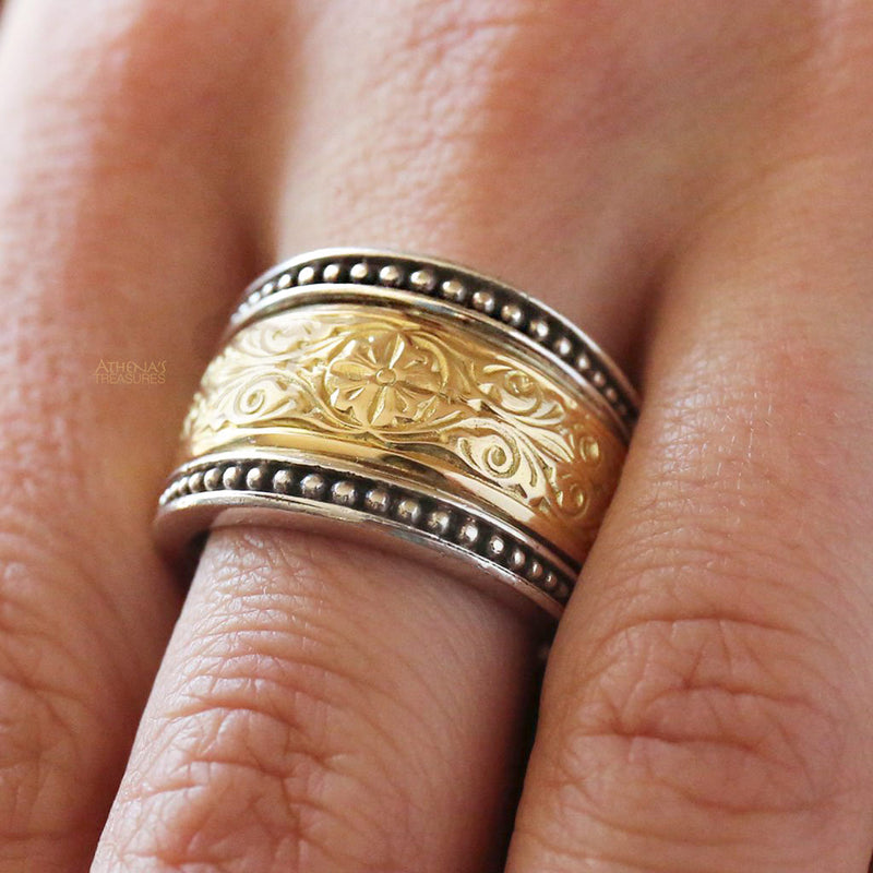 Sun Zephyr Ring - 18k Gold & Sterling Silver Ring - Cigar Band Ring
