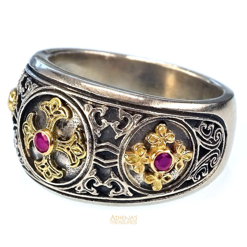 Triple Cross Eastern Ruby Ring 18k Gold & Sterling Silver Ring - Cigar Band Ring