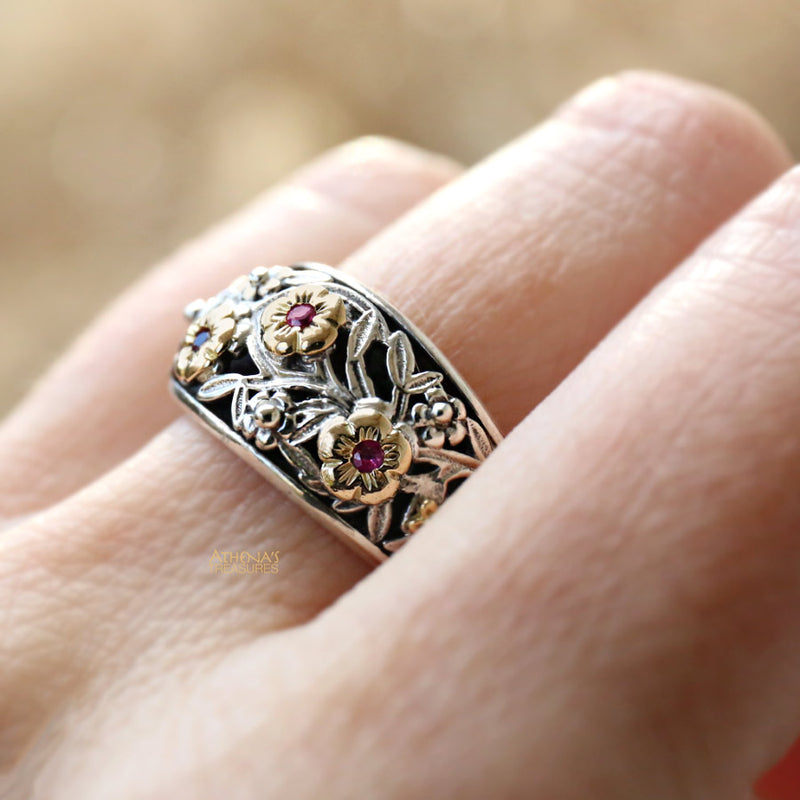 Triple Rose Meadow Shadows Ring - 18k Gold & Sterling Silver Ring - Cigar Band Ring