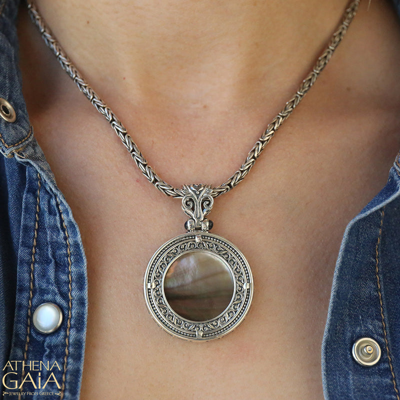 Reversible Stone Disc Meander Pendant - Sterling Silver Pendant