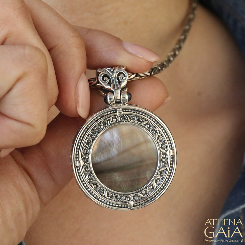 Reversible Stone Disc Meander Pendant - Sterling Silver Pendant