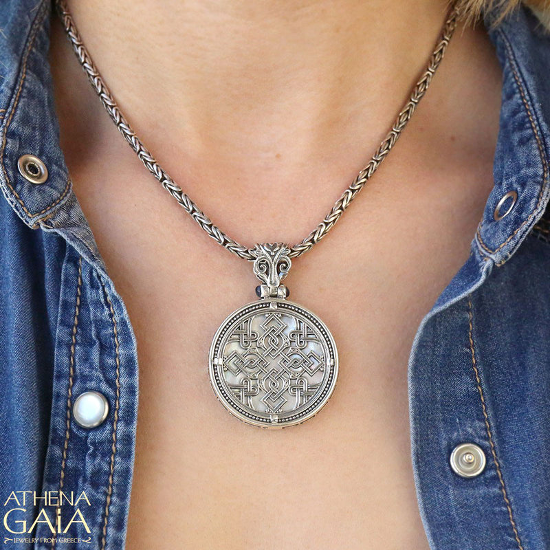 Reversible Stone Disc Meander Pendant - Sterling Silver Pendant