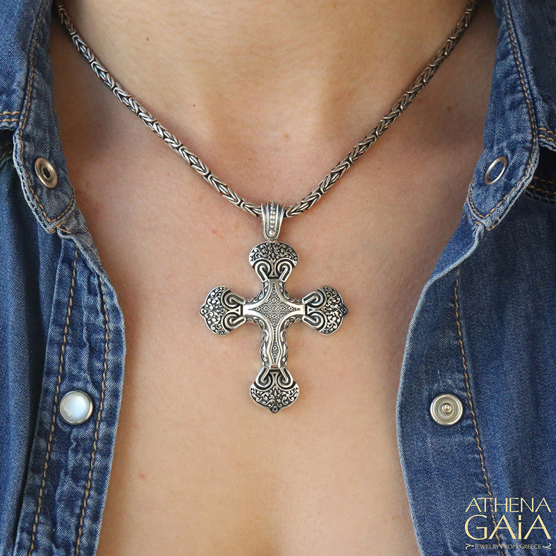 Sea Engraved Pomme Cross - Sterling Silver - Orthodox Cross