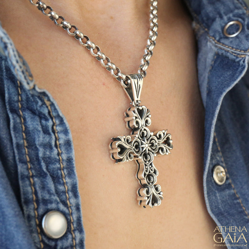 Western Hearts Latin Cross - Sterling Silver - Orthodox Cross Necklace