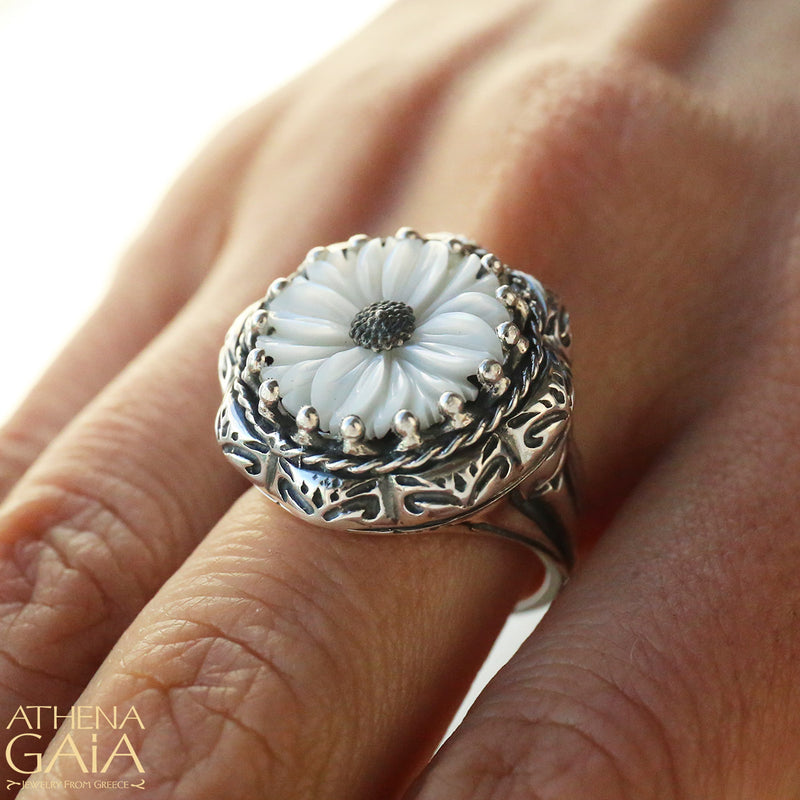 Mother of Pearl Flower Ring - Sterling Silver Ring - Cocktail Ring