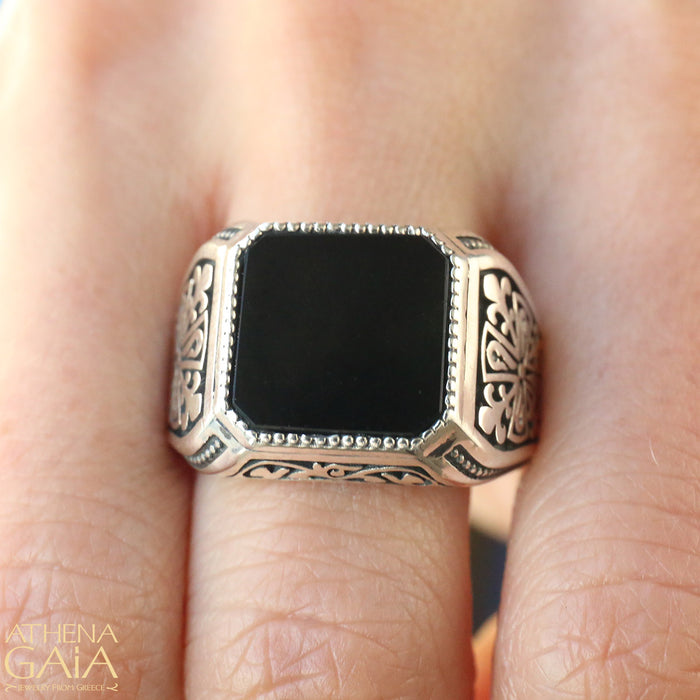 Onyx Etched Silver Signet Ring