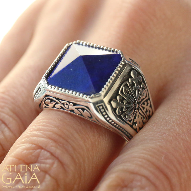 Pyramid Cut Lapis Ring - Sterling Silver Ring - Club Ring
