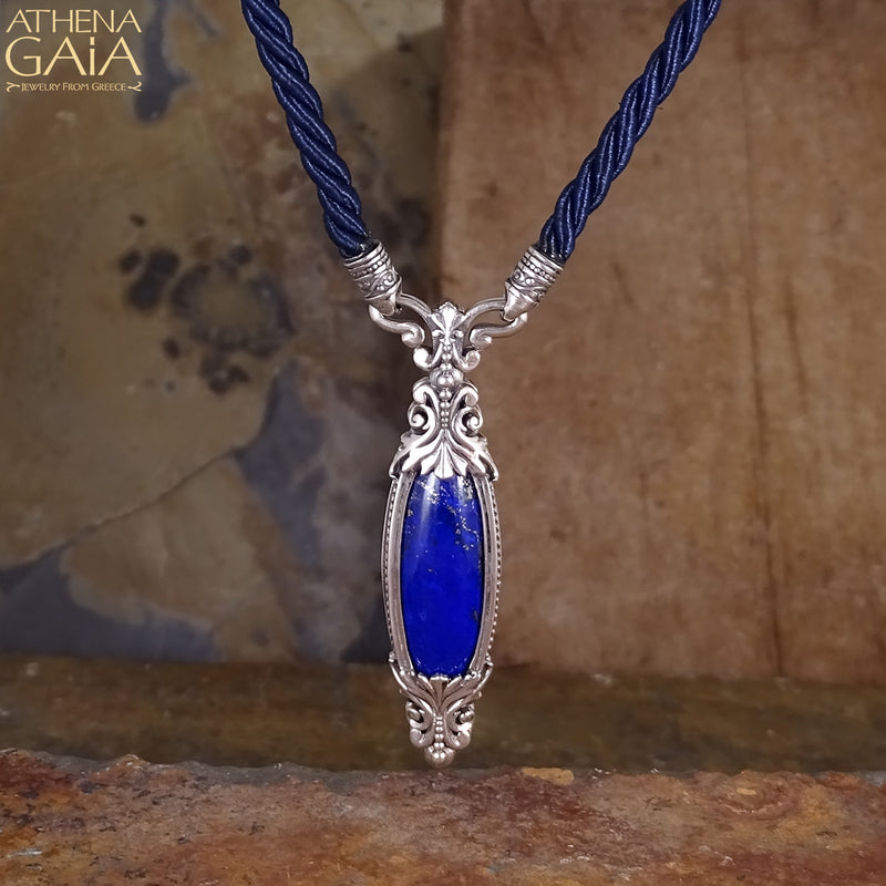 Long Lapis Pendant with Cord Necklace - Sterling Silver Necklace