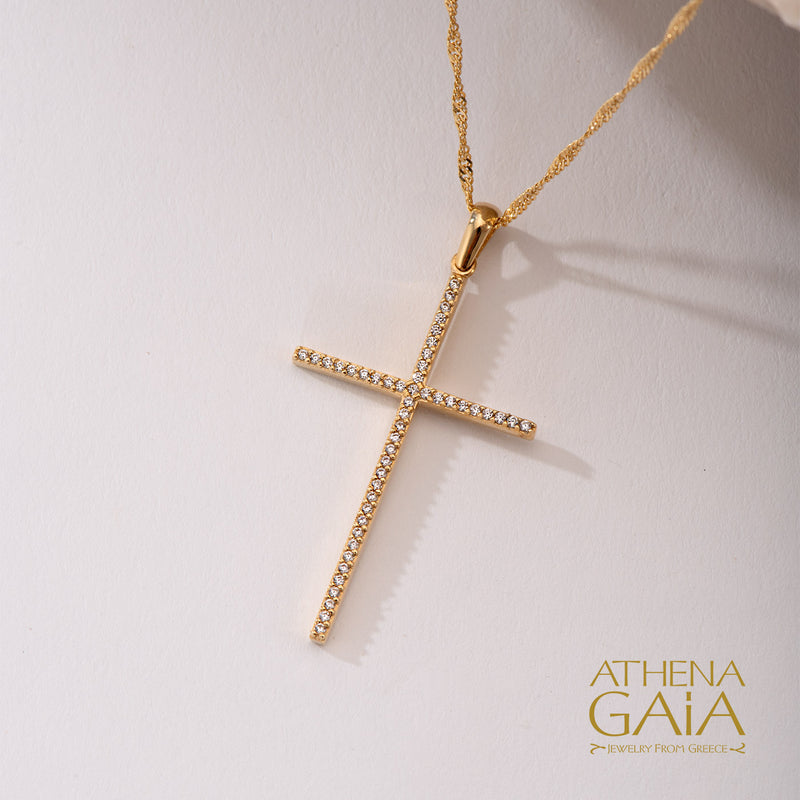 Long Pave Cross - 14k Gold - Latin Baptismal Cross