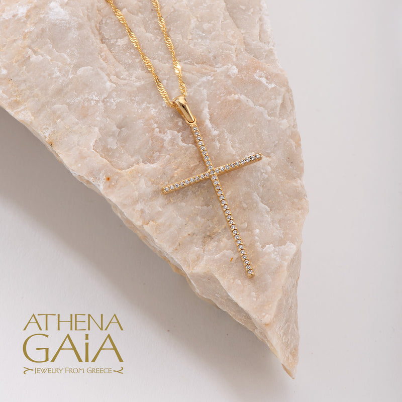 Long Pave Cross - 14k Gold - Latin Baptismal Cross