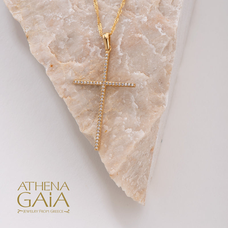 Long Pave Cross - 14k Gold - Latin Baptismal Cross
